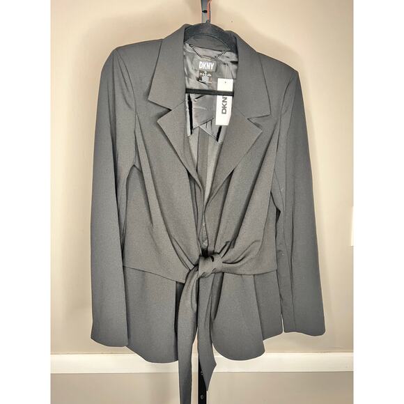 DKNY Long Sleeve Notch Lapel Tie Waist Career Blazer Black Women's Size US 8 NWT - Picture 2 of 5